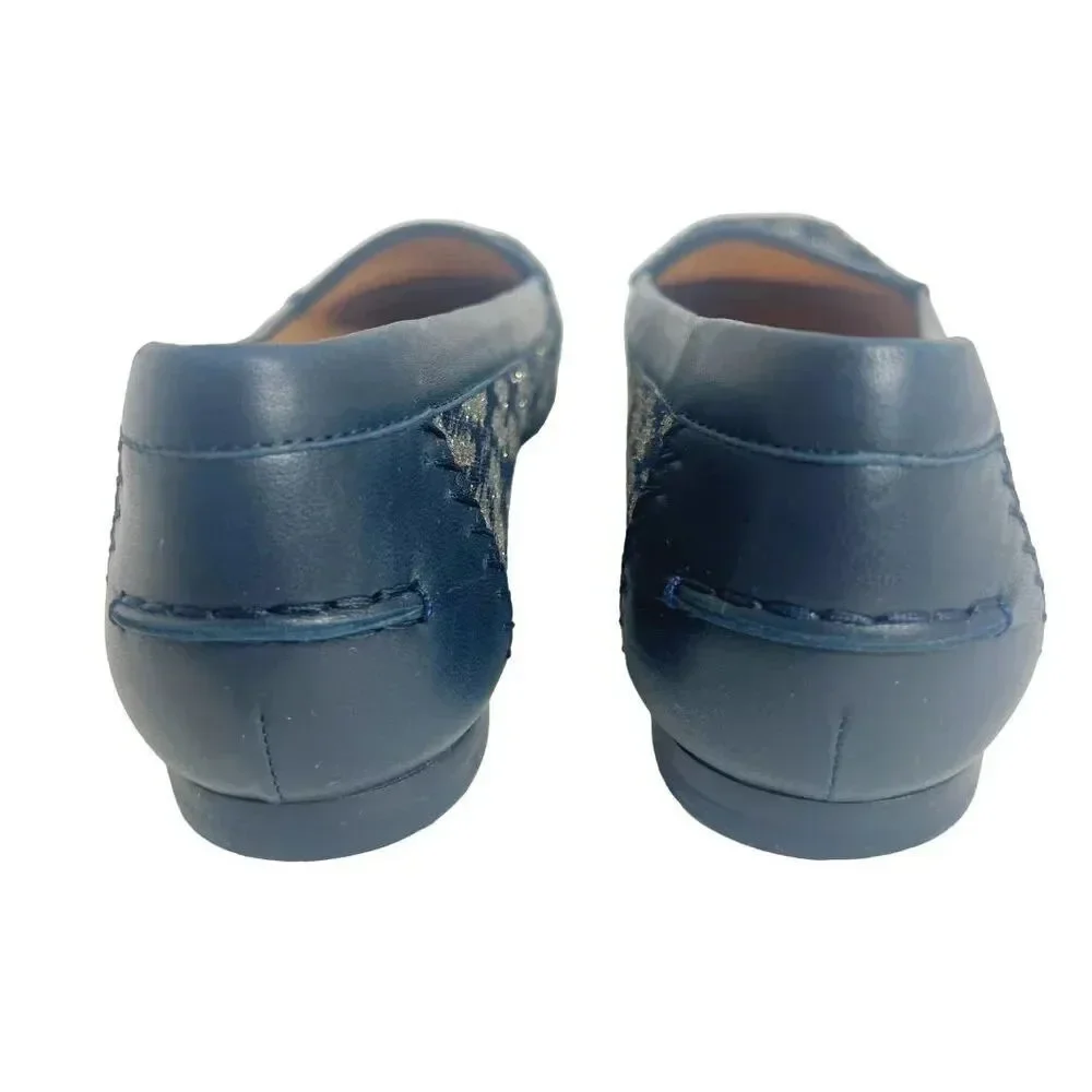 Stuart Weitzman Blue Leather and Gold Glitter Loafer Flats Size 8.5